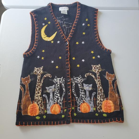 Vintage Halloween Sweater Vest Womens Small Black Halloween Cats Pumpkins Button - Picture 1 of 7